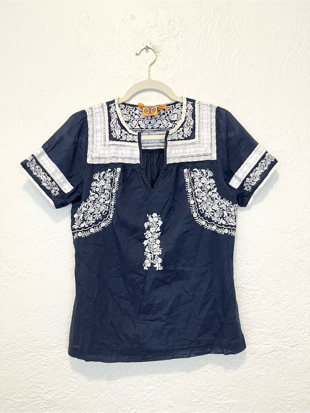 Tory Burch Top Navy Blue White Embroidered Cotton Lightweight 10 M